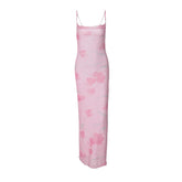 Print mesh knotted backless cami maxi dress