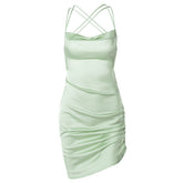 Satin cowl neck solid lace up backless ruched mini dress