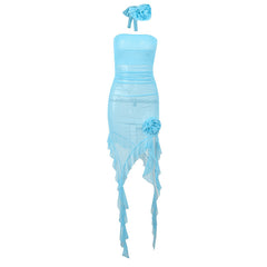 Solid slit sheer mesh see through flower applique mini dress | red tango dress | samba dress
