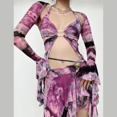 Flared sleeve tie dye o ring self tie halter low cut mini skirt set