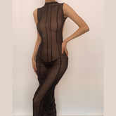 Sleeveless solid sheer mesh see through backless midi dress | samba dress