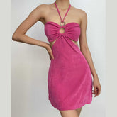 Hollow out solid o ring halter self tie backless mini dress | red tango dress