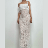 Lace ruched ruffle see through zip-up cami maxi dress