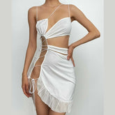 Irregular hollow out ruffle backless one shoulder spaghetti strap mini dress | red tango dress