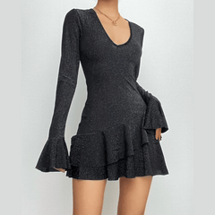 Textured v neck ruffle irregular long flared sleeve mini dress | red tango dress