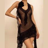 See through halter sheer mesh ruffle flower applique mini dress | red tango dress | samba dress
