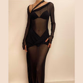 Sheer mesh long sleeve irregular backless see through slit maxi dress | samba dress