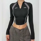 High neck zip-up long sleeve embroidery contrast top