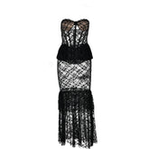 Sweetheart neck lace see through bustier ruched tube maxi dress | red tango dress