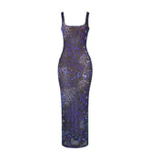 Print u neck hollow out sheer mesh cami maxi dress | samba dress