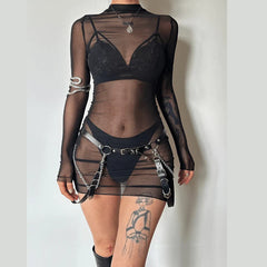 Sheer mesh see through solid long sleeve mini bodycon dress | samba dress