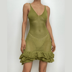 Crochet v neck sleeveless hollow out ruffle mini dress | red tango dress