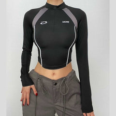 High neck zip-up long sleeve embroidery contrast top