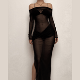Long sleeve off shoulder sheer mesh ruched slit maxi dress | red tango dress | samba dress