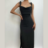 Cowl neck solid slit backless self tie ruched midi dress | red tango dress