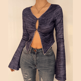 Long sleeve ruffled buttoned slit top