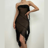 Mesh ruffle solid irregular backless tube mini dress