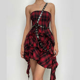 Ruffle plaid zip-up irregular one shoulder backless mini dress | red tango dress