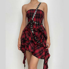 Ruffle plaid zip-up irregular one shoulder backless mini dress | red tango dress