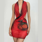 Sheer mesh see through cross front low cut halter backless mini dress | red tango dress | samba dress
