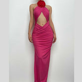 Ruched halter flower applique hollow out cross front contrast maxi dress | red tango dress | black rave dress