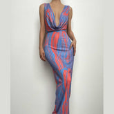 Contrast print cowl neck sleeveless backless maxi dress | red tango dress