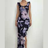 Flower print contrast ruffle irregular slit backless cap sleeve maxi dress