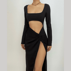Long sleeve solid hollow out ruched slit knotted midi dress | red tango dress