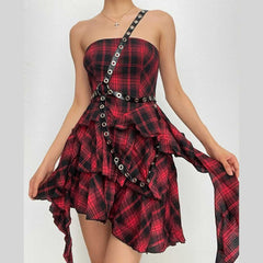 Ruffle plaid zip-up irregular one shoulder backless mini dress | red tango dress