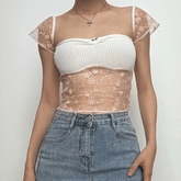 Cap sleeve lace flower embroidery ribbed top