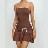 Ribbed buckle ruched ruffle solid backless tube mini dress