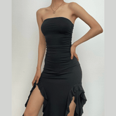 Solid slit irregular ruffle ribbon backless tube midi dress | red tango dress