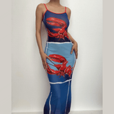Sheer mesh lobster see through contrast print ruffle cami midi dress | samba dress
