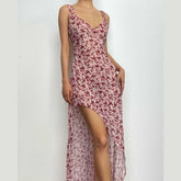 Chiffon flower print contrast backless v neck sleeveless maxi dress | red tango dress