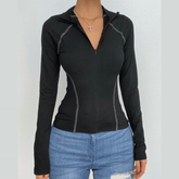 Long sleeve high neck stitch zip-up contrast top