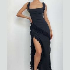 Ruffle cap sleeve slit square neck irregular solid maxi dress | red tango dress