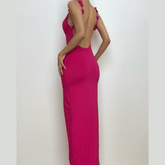 Flower applique cowl neck backless solid maxi dress | red tango dress