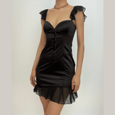 Solid ruched cap sleeve ruffle button mini dress