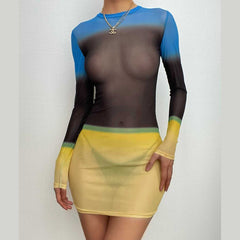 Contrast sheer mesh see through long sleeve crewneck mini dress | samba dress