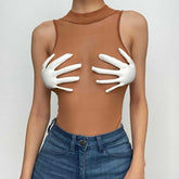 Palm applique mesh high neck sleeveless contrast bodysuit