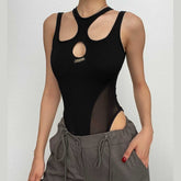 Mesh patchwork metal tag hollow out sleeveless solid bodysuit