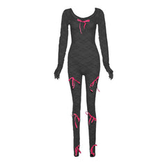 Long sleeve bowknot u neck lace see through jumpsuit