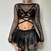 Round neck long sleeve tie back fishnet top