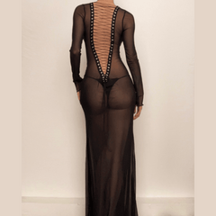 Long sleeve lace up sheer mesh see through maxi dress | red tango dress | samba dress