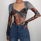 Abstract contrast mesh long sleeve lace hem bodysuit