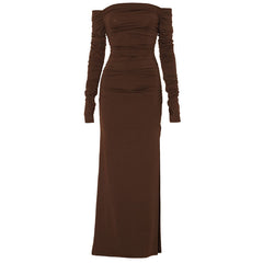 Off shoulder long sleeve slit ruched maxi dress