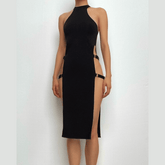 Buckle sleeveless solid slit halter mini dress | red tango dress
