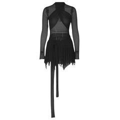 Long sleeve ruffle ruched cross front halter sheer mesh mini dress | red tango dress | samba dress | black rave dress