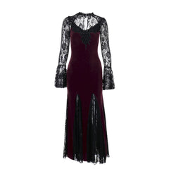 Long flared sleeve crewneck lace embroidery ruffle maxi dress | red tango dress