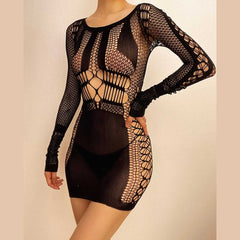 Fishnet long sleeve hollow out see through mini dress | red tango dress